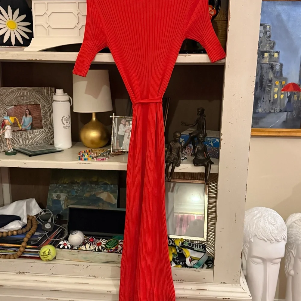 ZARA Small S red ribbed v neck dress midi with belt - Picture 3 of 3